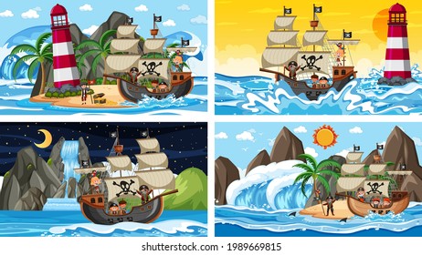 Reihe verschiedener Strandszenen mit Piratenschiff-Illustration