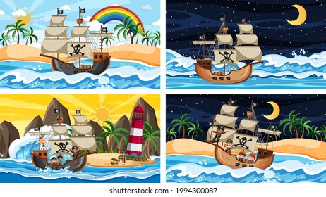 Set of different beach scenes with pirate ship and pirate cartoon character illustration