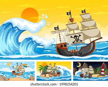 Set of different beach scenes with pirate ship and pirate cartoon character illustration