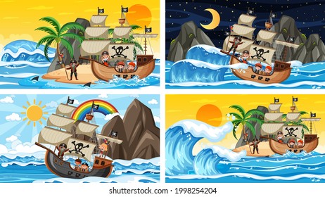 Set of different beach scenes with pirate ship illustration
