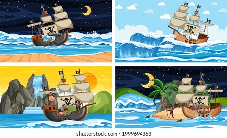 Set of different beach scenes with pirate ship illustration