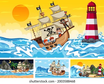 Set of different beach scenes with pirate ship illustration