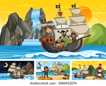 Set of different beach scenes with pirate ship illustration