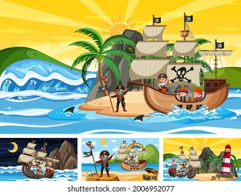 Set of different beach scenes with pirate ship illustration