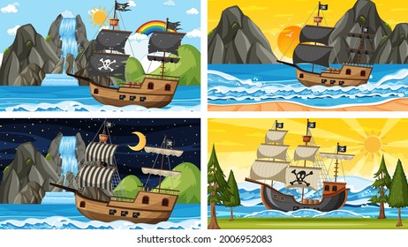 Set of different beach scenes with pirate ship illustration