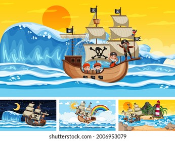 Set of different beach scenes with pirate ship and pirate cartoon character illustration