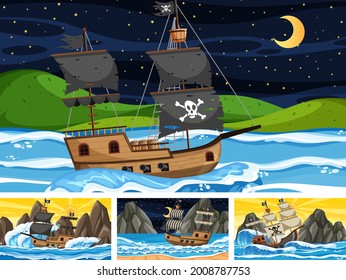 Set of different beach scenes with pirate ship illustration