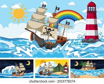 Set of different beach scenes with pirate ship and pirate cartoon character illustration