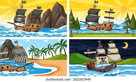 Set of different beach scenes with pirate ship illustration
