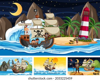 Set of different beach scenes with pirate ship illustration