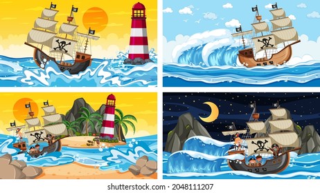 Set of different beach scenes with pirate ship illustration