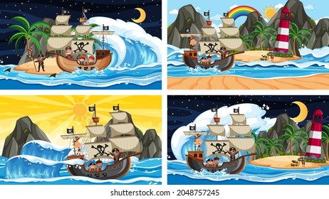 Set of different beach scenes with pirate ship and pirate cartoon character illustration