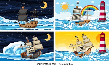 Set of different beach scenes with pirate ship illustration