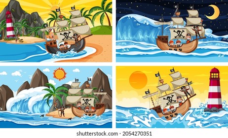 Set of different beach scenes with pirate ship illustration