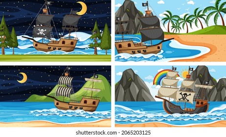 Set of different beach scenes with pirate ship illustration