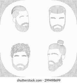 set of different bearded men with trendy hipster haircuts.Undercut and topknot