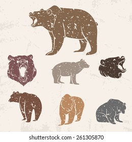 Set of different bears with grunge design. Vector illustration