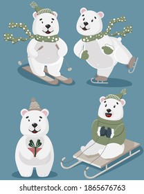 Eine Reihe verschiedener Bären für Aufkleber, Tags.
Skifahren, Schlitteln, Eislaufen und mit einem Geschenk.
Vektorgrafik.