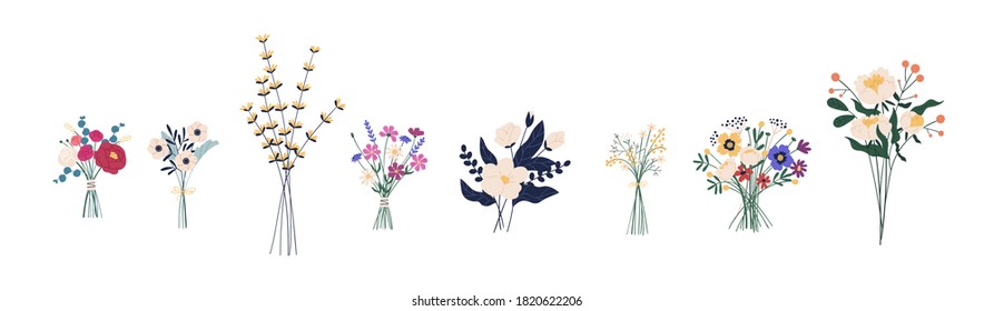 Set of different beautiful bouquets with garden and wild flowers vector flat illustration. Collection of various blooming plants with stems and leaves isolated on white. Floral decoration or gift