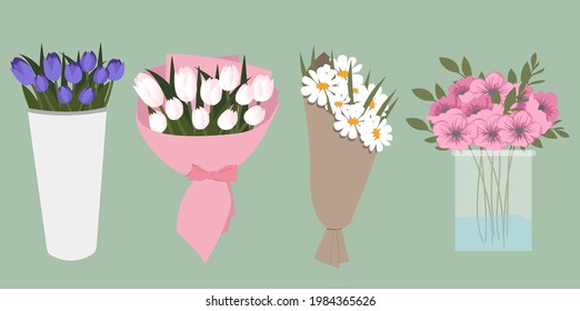 Set of different beautiful bouquets with garden and wild flowers vector flat illustration. Cute flower bouquet for web and print. Tulip, Daisy, Rose bouquet isolates on green background.