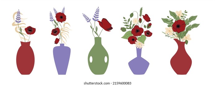 Set of different beautiful bouquets with garden and wildflowers  in vases vector flat illustration. Collection of different flowering plants in vases  with stems and leaves isolated on white