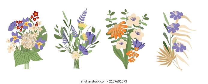Set of different beautiful bouquets with garden and wildflowers vector flat illustration. Collection of different flowering plants with stems and leaves isolated on white