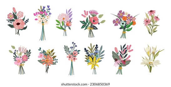 Está rodeado de diferentes y hermosos ramos con jardín y flores silvestres. Colección de varias plantas florecientes con tallos y hojas. Ilustraciones vectoriales coloridas de dibujos animados aisladas en fondo blanco