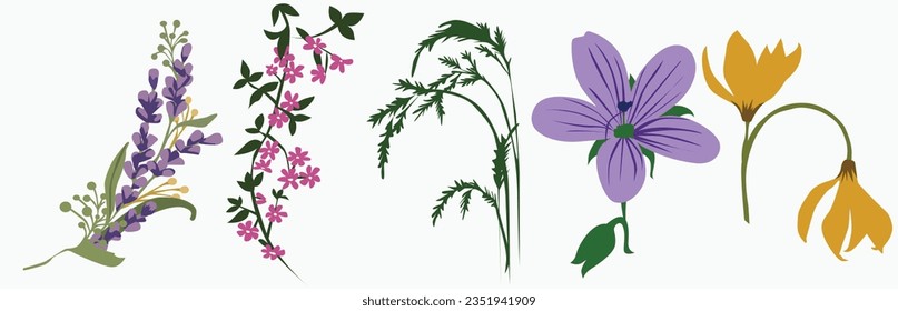 Conjunto de diferentes bellos ramos con jardín y flores silvestres vectorial ilustración plana. Colección de varias plantas florecientes con tallos y hojas aisladas en blanco.