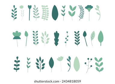 Conjunto de diferentes hermosos ramos con jardín y flores silvestres hojas vector ilustración plana. Plantas con tallos y hojas aisladas sobre blanco. 