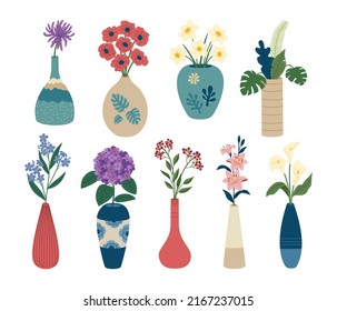 Set with different beautiful bouquets in vases. Blooming spring flowers in elegant ceramic vases. Hand drawn colored vector illustration isolated on white background. Modern flat cartoon style.