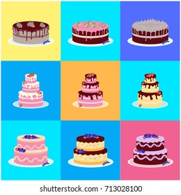 Set of different beautiful cakes with cream, meringue and berries. Happy birthday!