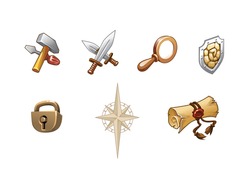 Set of different beautiful cartoon icons, as hammer, screwdriver, swords, magnifying glass, shield, lock, scroll and Rose of Wind for clan emblem. Isolated Vector Illustration on white background.
