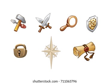 Set of different beautiful cartoon icons, as hammer, screwdriver, swords, magnifying glass, shield, lock, scroll and Rose of Wind for clan emblem. Isolated Vector Illustration on white background.