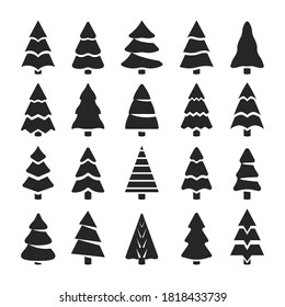 Set of different beautiful Christmas trees isolated on white background. Flat monochrome isolated design. New year winter collection. Vector illustration.