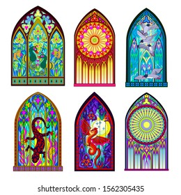 Set of different beautiful colorful stained glass windows in Gothic style. Middle age architecture in Western Europe. Modern print. Vector image.