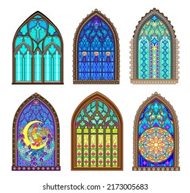 Set of different beautiful colorful stained glass windows. Gothic architectural style with pointed arch. Architecture in France churches. Modern print. Middle ages in Western Europe. Vector image.