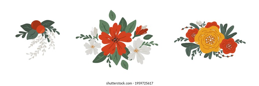Set of different beautiful compositions with flowers and plants vector flat illustration. A collection of different  blooming plants with twigs and leaves isolated on a white background. Floral design