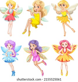 Set of different beautiful fairy girl cartoon character illustration
