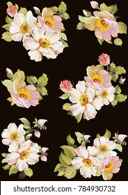 Set verschiedener schöner Blumendesign-Elemente auf schwarzer Vektorgrafik
