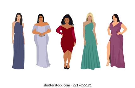 Set of different beautiful girls wearing evening dress, formal gown for celebration, wedding, Christmas Eve or New Year  party. Pretty female character vector realistic illustration isolated on white.