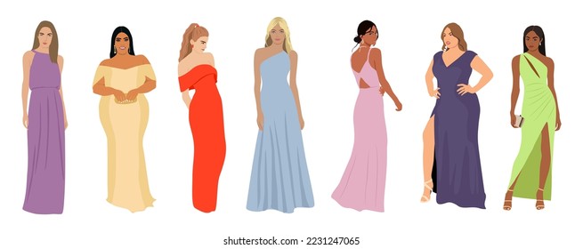 Set of different beautiful girls wearing evening dress, formal gown for celebration, wedding, Christmas Eve or New Year party. Pretty female character vector realistic illustration isolated on white.