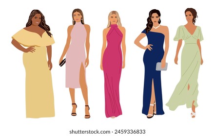 Set of different beautiful girls wearing evening dress, formal gown for celebration, wedding, party. Pretty female character vector realistic illustration isolated on white background.