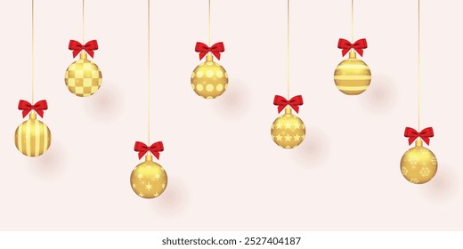 Conjunto de diferentes lindas bolas de Natal de ouro com brilho e arco vermelho sobre fundo branco. Decorações para feliz Ano Novo e Feliz Natal design. Ilustração de vetor