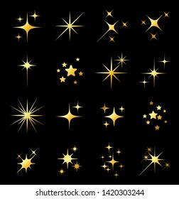 Set of different beautiful golden star and spakle shapes vector, collection