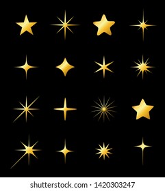 Set of different beautiful golden star and spakle shapes vector, collection