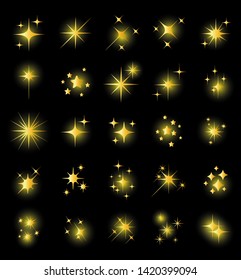 Set of different beautiful golden star and spakle shapes vector, collection