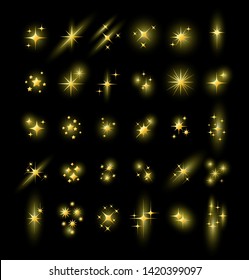 Set of different beautiful golden star and spakle shapes vector, collection