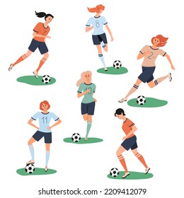 Set of different beautiful smiling girl soccer player running kicking a ball. Collection of woman playing football. Colorful female character isolated on white background. Vector illustration.