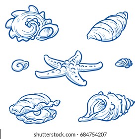Set of different beautiful summer seashells, snail shells. Hand drawn line art doodle vector illustration.