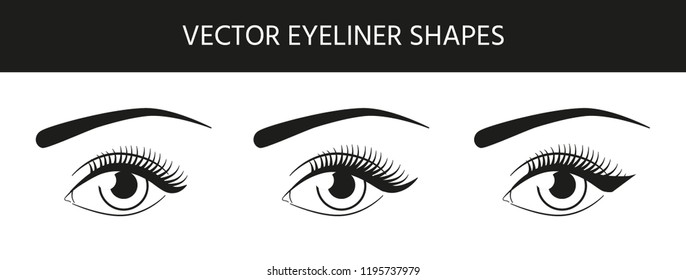 Set of different beautiful vector eyes with black eyeliner shapes. Winged eyeliner illustration